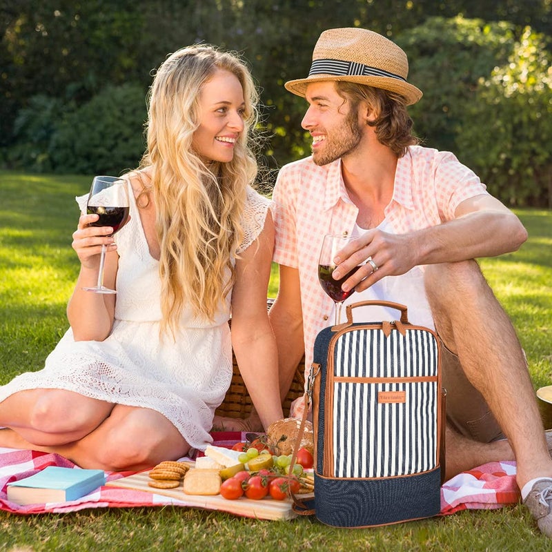 Tirrinia Insulated 2 Bottle Wine Gift Tote Bag - Tumbler Glass Cooler Carrier for BYOB Restaurants  Tasting  Travel  Park  Beach - Great Wine Lover Gift  Denim Stripe - Image 5